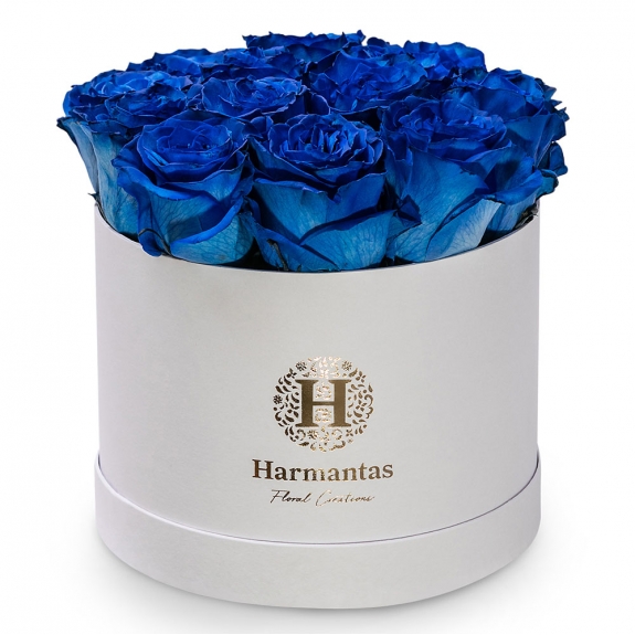 Blue roses on a white box